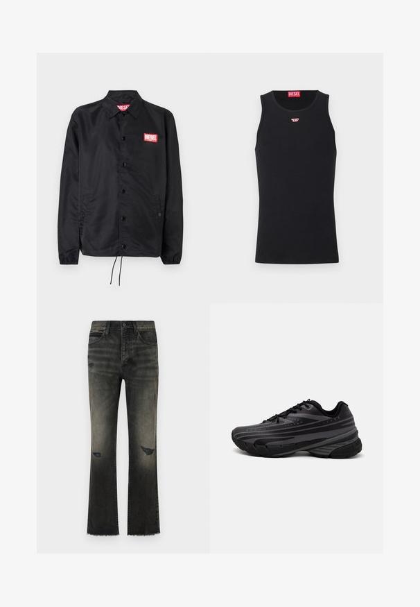 Chaqueta negra hecha de un material suave y ligero, con cierre de botones en el frente, puños elásticos, bolsillos laterales y un parche con el logo rojo de Diesel.; Camiseta sin mangas de algodón negra con cuello redondo. Pequeño logo rojo de Diesel bordado en el pecho. Textura suave, forma ajustada.; Jeans de mezclilla negra acampanada con un acabado deslavado, desgastes visibles y dobladillo deshilachado. Presenta un estilo clásico de cinco bolsillos y cierre de botón metálico.; Zapatilla de running negra con parte superior texturizada que presenta franjas grises. Suela gruesa para amortiguación, puntera redonda y cordones planos para un ajuste seguro.