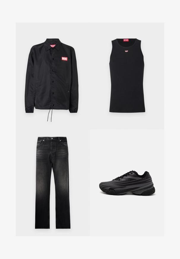 Giacca nera realizzata in materiale liscio e leggero, con chiusura a bottoni, polsini elasticizzati, tasche laterali e una patch con il logo rosso Diesel.; Top senza maniche nero realizzato in tessuto liscio, con scollatura rotonda e aperture per le braccia, e un piccolo logo rosso sul petto. Design semplice.; Jeans in denim nero con un taglio diritto, caratterizzati da un effetto sfumato, design a cinque tasche e dettagli in metallo.; Scarpa da corsa nera con un upper testurizzato e strisce grigie. Suola spessa per un'ammortizzazione ottimale, punta rotonda e lacci piatti per una vestibilità sicura.