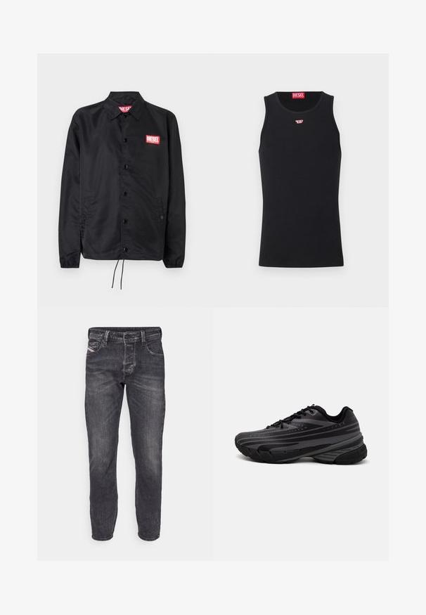 Černá bunda z hladkého, lehkého materiálu, s knoflíkovou přední částí, elastickými manžetami, bočními kapsami a červenou nášivkou Diesel logo.; Černý top bez rukávů vyrobený z hladké tkaniny, s kulatým výstřihem, výstřihy pro paže a malým červeným logem na hrudi. Jednoduchý design, bez rukávů.; Pánské tmavě šedé džíny rovného střihu, vybavené zapínáním na knoflík a zip, pěti kapsami a jemným vyblednutím na látce.; Černá běžecká bota s texturovaným svrškem zdobeným šedými pruhy. Silná podešev pro odpružení, kulatá špička a ploché tkaničky pro bezpečné uchycení.