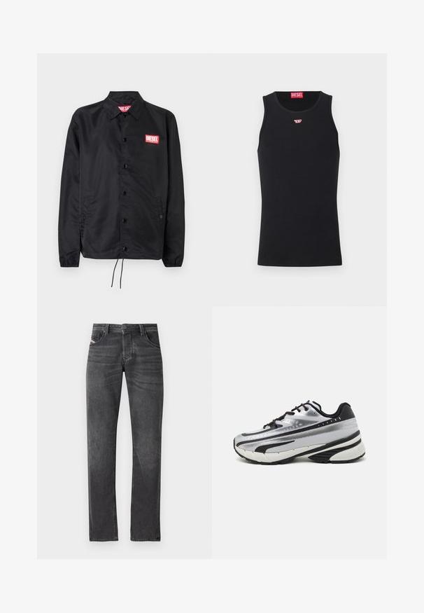 Čierna bunda vyrobená z hladkého, ľahkého materiálu, s predným zapínaním na gombíky, elastickými manžetami, bočnými vreckami a červeným logom Diesel na nášivke.; Čierny bavlnený tielko s okrúhlym výstrihom a bezrukávovým strihom. Malé červené logo Diesel našité na hrudi. Hladká textúra, priliehavý strih.; Tmavohnedé rifľové džínsy so strihom rovného nohavice, piatimi vreckami, kovovým zapínaním a jemným zošúchaním na povrchu látky.; Bežecká obuv so striebornou sieťovinou, čiernymi akcentmi a bielou podrážkou. Má zaujímavý textúrovaný dizajn a čierne šnúrky. Ľahká a s odpružením.