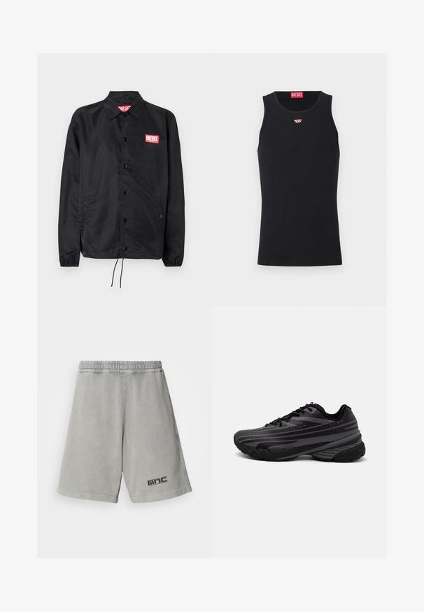 Black jacket made of smooth, lightweight material, featuring a button front, elastic cuffs, side pockets, and a red Diesel logo patch.; Black tank top made of smooth fabric, featuring a round neckline, armholes, and a small red logo on the chest. Simple design, sleeveless.; Light gray cotton shorts with an elastic waistband, featuring a black logo on the lower left side and a smooth, plain texture.; Black running shoe with a textured upper featuring gray stripes. Thick sole for cushioning, round toe, and flat laces for secure fit.