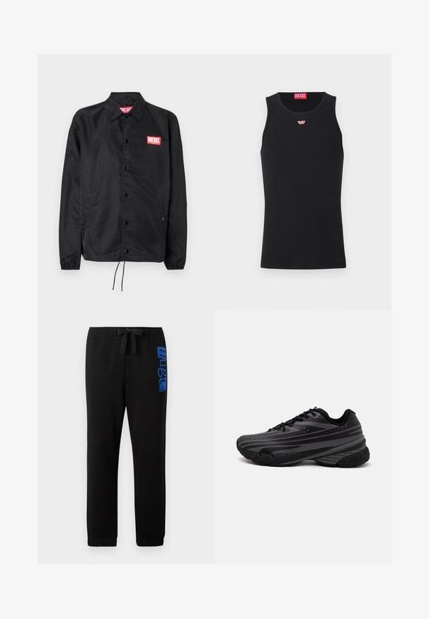 Black jacket made of smooth, lightweight material, featuring a button front, elastic cuffs, side pockets, and a red Diesel logo patch.; Black tank top made of smooth fabric, featuring a round neckline, armholes, and a small red logo on the chest. Simple design, sleeveless.; Black sweatpants made of cotton blend, featuring an elastic waistband with a drawstring and a blue logo printed on the left leg.; Black running shoe with a textured upper featuring gray stripes. Thick sole for cushioning, round toe, and flat laces for secure fit.