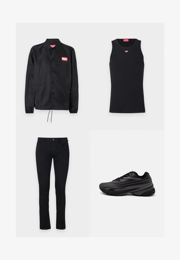 Crna jakna od glatkog, laganog materijala, s prednjim kopčanjem na dugmad, elastičnim manžetama, bočnim džepovima i crvenim Diesel logotipom.; Crni pamučni top bez rukava s okruglim izrezom. Mali crveni Diesel logotip izvezen na prsima. Glatka tekstura, prilagođeni oblik.; Crne uske traperice od denima sa glatkom teksturom. Sadrže pet džepova i zatvaranje na zip s dugmetom u struku.; Crna tenisica za trčanje s teksturiranim gornjim dijelom koji ima sive pruge. Debeli potplat za amortizaciju, okrugli vrh i ravne vezice za sigurno pristajanje.