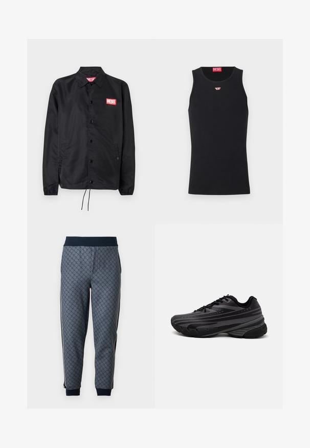 Czarna kurtka wykonana z gładkiego, lekkiego materiału, z przodem na guziki, elastycznymi mankietami, bocznymi kieszeniami i czerwoną naszywką z logo Diesel.; Czarny top na ramiączkach wykonany z gładkiego materiału, z okrągłym dekoltem, otworami na ramiona i małym czerwonym logo na piersi. Prosty design, bez rękawów.; Szare spodnie dresowe w wzór, z dopasowanym pasem, z geometrycznym wzorem i bocznymi pasek, wykonane z miękkiego materiału z prążkowanymi mankietami.; Czarna biegowa obuwie z teksturowaną cholewką z szarymi paskami. Gruba podeszwa dla amortyzacji, okrągły czubek i płaskie sznurowadła zapewniające pewne dopasowanie.