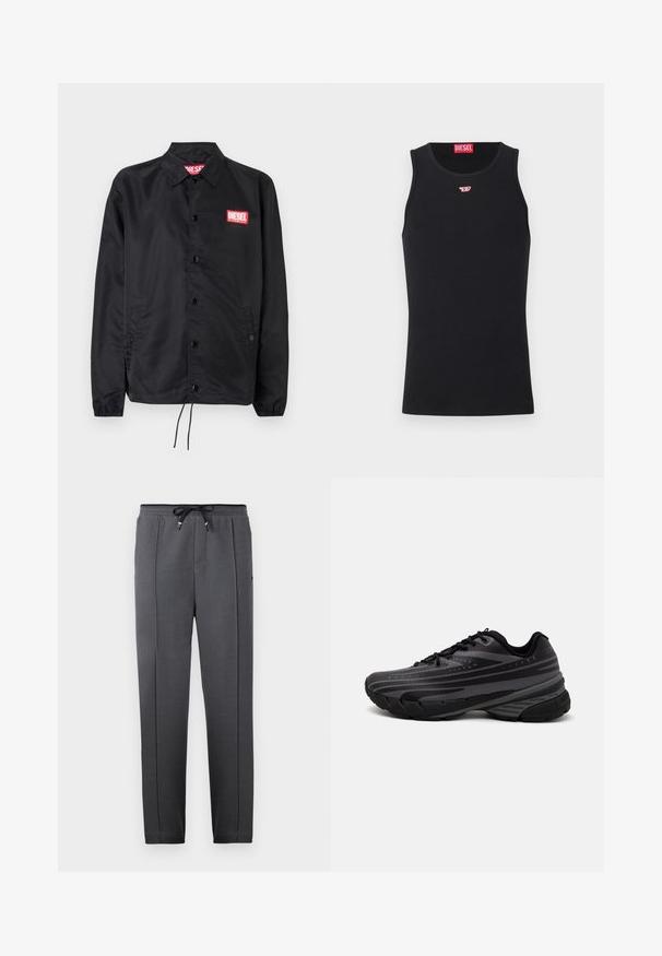 Black jacket made of smooth, lightweight material, featuring a button front, elastic cuffs, side pockets, and a red Diesel logo patch.; Black tank top made of smooth fabric, featuring a round neckline, armholes, and a small red logo on the chest. Simple design, sleeveless.; Black textured sweatpants with elastic waistband and drawstring, featuring side pockets and tapered legs for a streamlined fit.; Black running shoe with a textured upper featuring gray stripes. Thick sole for cushioning, round toe, and flat laces for secure fit.