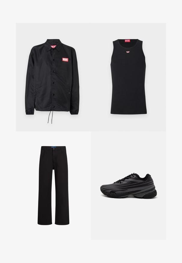 Črna jakna iz gladkega, lahkega materiala, z gumbnim zapiranjem, elastičnimi manšetami, stranskimi žepi in rdečim logotipom Diesel.; Črn top z gladkega materiala, ki ima okroglo izrezano ovratnik, rokavske odprtine in majhen rdeč logotip na prsih. Preprost dizajn, brez rokavov.; Črne hlače ravnega kroja z gumbom in zadrgo, z zankami za pas in stranskimi žepi, prikazane na beli podlagi.; Črne tekaške copate z teksturiranim zgornjim delom, ki ima sive črte. Debel podplat za blaženje udarcev, okrogla konica in ravne vezalke za varen oprijem.