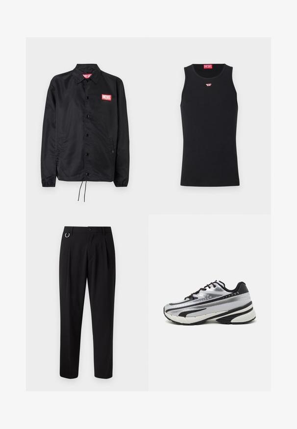 Veste noire en matériau lisse et léger, avec un devant à boutons, des poignets élastiques, des poches latérales et un patch logo rouge Diesel.; Débardeur en coton noir au design sans manches et col rond. Petit logo rouge Diesel cousu sur la poitrine. Texture lisse, coupe ajustée.; Pantalons noirs à coupe droite, avec un devant plissé, des passants de ceinture et un accent en anneau argenté. Fabriqués en tissu lisse, sans motifs visibles.; Baskets de course avec une tige en mesh argenté, des accents noirs et une semelle blanche. Présente un design texturé et des lacets noirs. Légères et rembourrées.