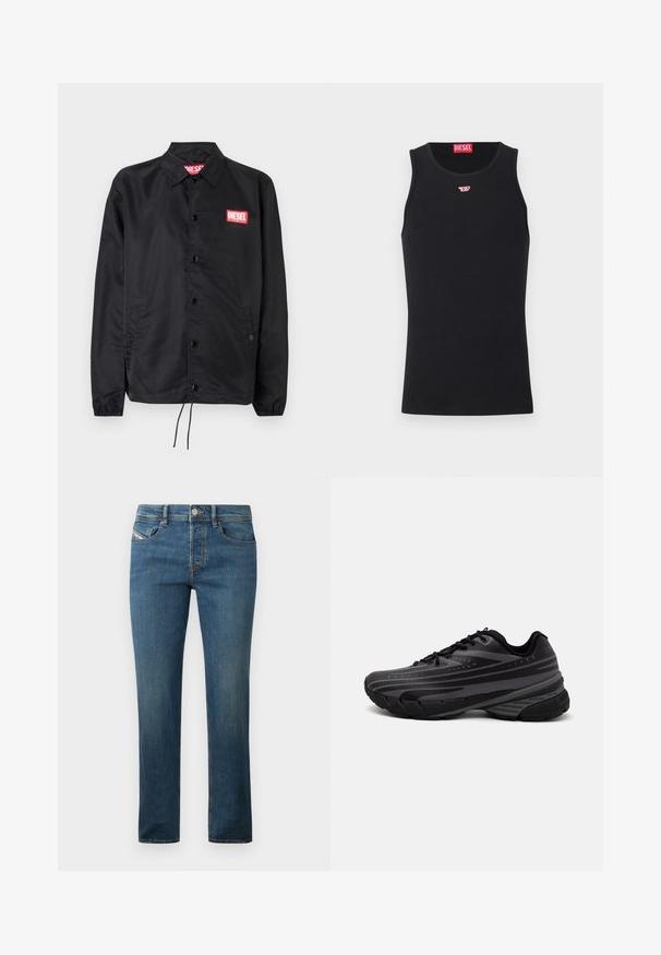 Juoda striukė, pagaminta iš lygaus, lengvo medžiagų, su mygtukų priekyje, elastinėmis rankovėmis, šoninėmis kišenėmis ir raudonu "Diesel" logotipo ženkleliu.; Juodas be Rankovių Маišelis, pagamintas iš lygaus audinio, su apvaliu kaklo išpjovimu, išpjovomis rankovėms ir mažuoju raudonu logotipu ant krūtinės. Paprastas dizainas, be rankovių.; Tamsiai mėlynos džinsinės kelnės su tiesaus kirpimo dizainu, penkių kišenių stiliumi ir subtiliu blukimu. Savybėse yra metalinis mygtukas ir diržo kilpos.; Juodas bėgimo batelis su tekstūruotu viršumi, kuriame yra pilkos juostos. Storas padas amortizacijai, apvalus pirštas ir plokščios raištelės tvirtam prigludimui.