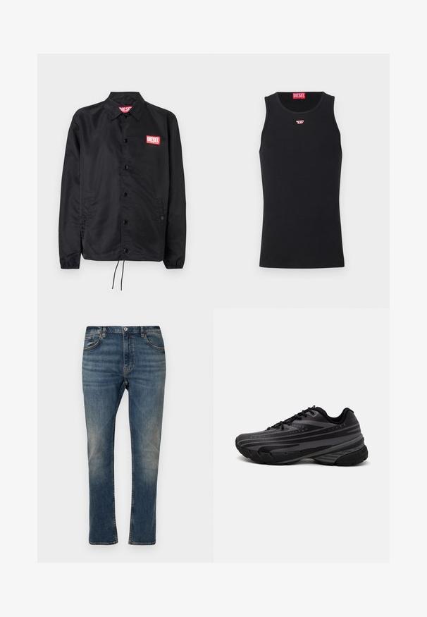 Jachetă neagră dintr-un material neted și ușor, cu închidere prin butoane, manșete elastice, buzunare laterale și o etichetă roșie cu logo-ul Diesel.; Top din bumbac negru, cu gât rotund și fără mâneci. Logo-ul mic Diesel, brodat pe piept, de culoare roșie. Textură netedă, formă ajustată.; Jeans din denim albastru închis, cu croi drept, design cu cinci buzunare, sistem de închidere cu nasture și fermoar, cu decolorări subtile și accente de cusătură.; Pantof de alergare negru cu un superior texturat, având dungi gri. Talpă groasă pentru amortizare, vârf rotund și șireturi plate pentru o potrivire sigură.