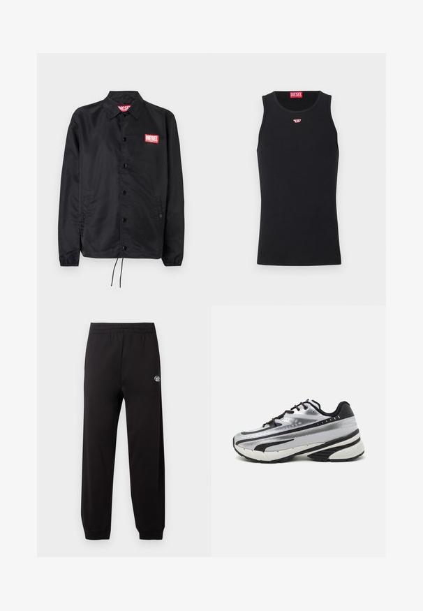 Jaqueta preta feita de material suave e leve, com fecho de botão na frente, punhos elásticos, bolsos laterais e um patch do logótipo vermelho da Diesel.; Top de algodão preto com decote redondo e sem mangas. Pequeno logótipo vermelho da Diesel bordado no peito. Textura suave, forma ajustada.; Calças de fato pretas com cintura elástica, pernas afuniladas e um pequeno logótipo branco do lado esquerdo. O tecido tem uma textura suave.; Sapatilhas de corrida com um upper em malha prateada, detalhes em preto e sola branca. Apresenta um design texturizado e atacadores pretos. Leves e acolchoadas.