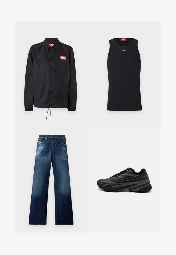 Černá bunda z hladkého, lehkého materiálu, s knoflíkovou přední částí, elastickými manžetami, bočními kapsami a červenou nášivkou Diesel logo.; Černý top bez rukávů vyrobený z hladké tkaniny, s kulatým výstřihem, výstřihy pro paže a malým červeným logem na hrudi. Jednoduchý design, bez rukávů.; Džínové kalhoty se širokými nohavicemi v tmavě modré barvě s mírně vybledlými oblastmi, distressed detaily a roztrhanými lemy. Čtyři kapsy a zapínání na knoflík.; Černá běžecká bota s texturovaným svrškem zdobeným šedými pruhy. Silná podešev pro odpružení, kulatá špička a ploché tkaničky pro bezpečné uchycení.