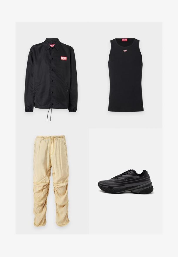 Juoda striukė, pagaminta iš lygaus, lengvo medžiagų, su mygtukų priekyje, elastinėmis rankovėmis, šoninėmis kišenėmis ir raudonu "Diesel" logotipo ženkleliu.; Juodas be Rankovių Маišelis, pagamintas iš lygaus audinio, su apvaliu kaklo išpjovimu, išpjovomis rankovėms ir mažuoju raudonu logotipu ant krūtinės. Paprastas dizainas, be rankovių.; Šviesiai smėlinės spalvos nailoniniai cargo kelnės su reguliuojamomis raišteliais juosmeniui ir užtrauktukais kišenėse, sukurti su surauktomis, sluoksniuotomis audinio detalėmis.; Juodas bėgimo batelis su tekstūruotu viršumi, kuriame yra pilkos juostos. Storas padas amortizacijai, apvalus pirštas ir plokščios raištelės tvirtam prigludimui.