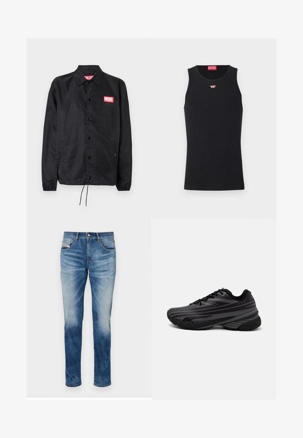 Must must, misasest kergest ja siledast materjalist, nupuvälinge, elastsete mansettide, küljetaskute ning punase Diesel logo plaastriga.; Mustmust särgid, mis on valmistatud siledast kangast, ümmarguse kaelusega, käeaukudega ja väikese punase logoga rinnal. Lihtne disain, ilma varrukateta.; Sinine denimpüksid, sirge lõikega, tuhmusest, viie taskuga ja metallnööpidega. Pehme tekstuur ja minimaalne detailide arv.; Mustad musta jooksujalats, mille tekstureeritud ülemine osa on hallide triipudega. Paks tallaga mugavuse tagamiseks, ümar varvas ja tasased paelad kindla istuvuse saavutamiseks.