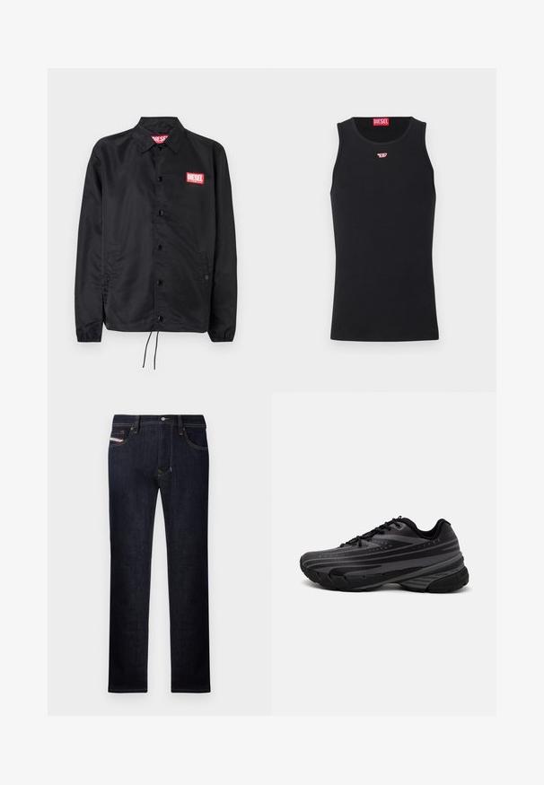 Črna jakna iz gladkega, lahkega materiala, z gumbnim zapiranjem, elastičnimi manšetami, stranskimi žepi in rdečim logotipom Diesel.; Črn top z gladkega materiala, ki ima okroglo izrezano ovratnik, rokavske odprtine in majhen rdeč logotip na prsih. Preprost dizajn, brez rokavov.; Temno modre jeans hlače s ravnim krojem, ki imajo pet žepov, gumbasto zapiranje in kontrastne šive.; Črne tekaške copate z teksturiranim zgornjim delom, ki ima sive črte. Debel podplat za blaženje udarcev, okrogla konica in ravne vezalke za varen oprijem.