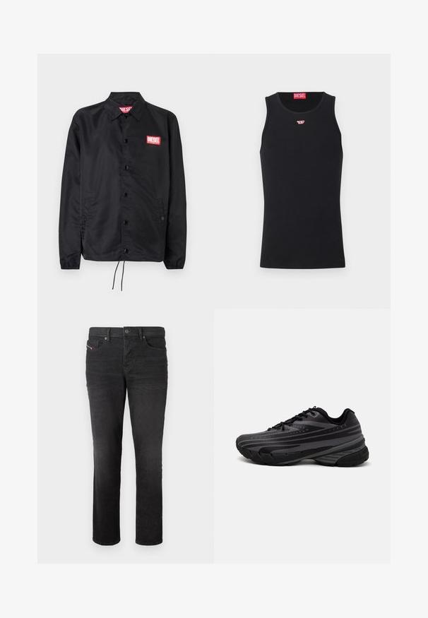 Jaqueta preta feita de material suave e leve, com fecho de botão na frente, punhos elásticos, bolsos laterais e um patch do logótipo vermelho da Diesel.; Top de algodão preto com decote redondo e sem mangas. Pequeno logótipo vermelho da Diesel bordado no peito. Textura suave, forma ajustada.; Calças de ganga preta com um design de pernas retas, apresentando cinco bolsos, um fecho de botão e detalhes de pesponto discretos na parte da frente.; Shoe de corrida preta com um cabedal texturizado apresentando riscas cinzentas. Sola grossa para amortecimento, bico redondo e atacadores planos para um ajuste seguro.