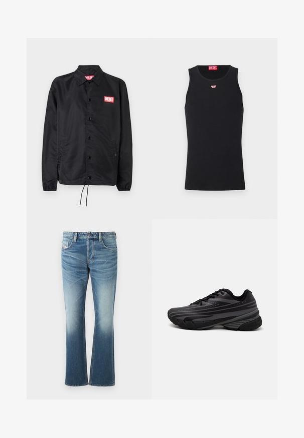 Must must, misasest kergest ja siledast materjalist, nupuvälinge, elastsete mansettide, küljetaskute ning punase Diesel logo plaastriga.; Mustmust särgid, mis on valmistatud siledast kangast, ümmarguse kaelusega, käeaukudega ja väikese punase logoga rinnal. Lihtne disain, ilma varrukateta.; Sinine denimist teksapüksid flöödidisainiga, millel on pleekinud värvitoon, viis taskut ja kontrastne õmblus. Nööbiga sulgemine vöökoha juures.; Mustad musta jooksujalats, mille tekstureeritud ülemine osa on hallide triipudega. Paks tallaga mugavuse tagamiseks, ümar varvas ja tasased paelad kindla istuvuse saavutamiseks.