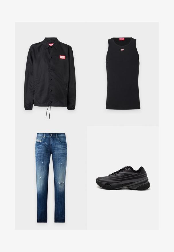 Chaqueta negra hecha de un material suave y ligero, con cierre de botones en el frente, puños elásticos, bolsillos laterales y un parche con el logo rojo de Diesel.; Camiseta sin mangas de algodón negra con cuello redondo. Pequeño logo rojo de Diesel bordado en el pecho. Textura suave, forma ajustada.; Jeans de mezclilla en azul oscuro con detalles desgastados y deslavados. Presentan un diseño clásico de cinco bolsillos, cremallera y cierre de botón de metal.; Zapatilla de running negra con parte superior texturizada que presenta franjas grises. Suela gruesa para amortiguación, puntera redonda y cordones planos para un ajuste seguro.