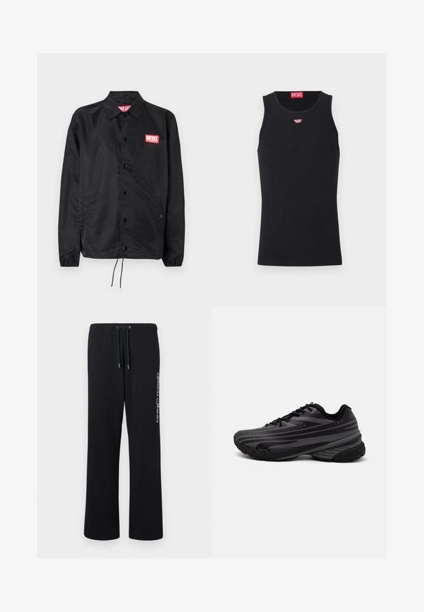 Zwarte jack van soepel, lichtgewicht materiaal, met een knoopsluiting, elastische manchetten, zijzakken en een rood Diesel logo patch.; Zwarte tanktop van gladde stof, met een ronde hals, armsgaten en een klein rood logo op de borst. Eenvoudig ontwerp, zonder mouwen.; Zwarte sweatpants van zachte stof met een elastische tailleband en een trekkoord. Bevat witte tekst die aan de zijkant is gedrukt.; Zwarte hardloopschoen met een gestructureerde bovenkant met grijze strepen. Dikke zool voor demping, ronde neus en platte veters voor een veilige pasvorm.