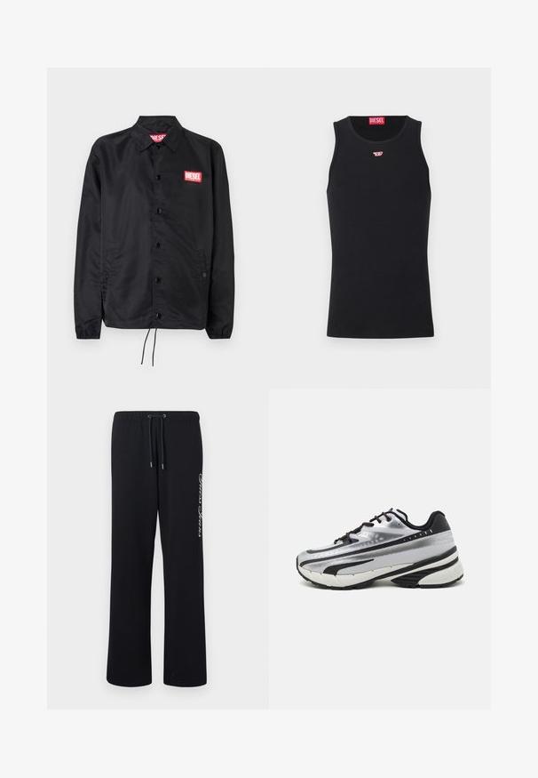 Schwarze Jacke aus glattem, leichtem Material mit Knopfriegel, elastischen Bündchen, seitlichen Taschen und einem roten Diesel-Logo-Patch.; Schwarzes Baumwoll-Top mit Rundhalsausschnitt und ärmellosem Design. Kleines rotes Diesel-Logo auf der Brust gestickt. Glatte Textur, taillierte Form.; Schwarze Sweatpants aus weichem Material mit elastischem Taillenbund und Kordelzug. Mit weißem Text, der auf einer Seite aufgedruckt ist.; Laufschuh mit einem silbernen Mesh-Obermaterial, schwarzen Akzenten und weißer Sohle. Verfügt über ein strukturiertes Design und schwarze Schnürsenkel. Leicht und gepolstert.