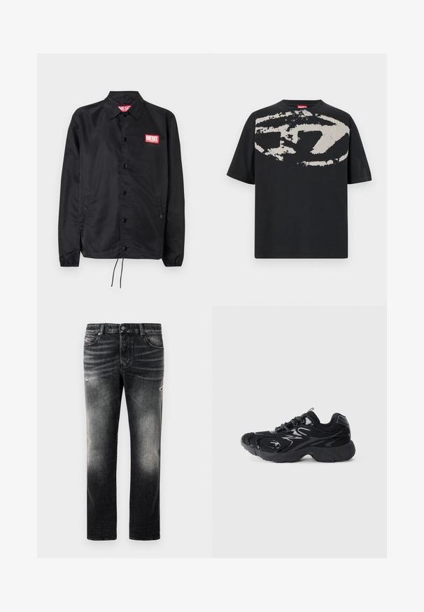 Black jacket made of smooth, lightweight material, featuring a button front, elastic cuffs, side pockets, and a red Diesel logo patch.; Black t-shirt featuring a large, abstract light gray graphic on the front. Short sleeves and a classic rounded neckline. Cotton material.; Black jeans featuring a faded finish with distressed accents, standard five-pocket design, and a zip-fly closure. Made of denim fabric.; Black athletic shoe with mesh material and synthetic accents, rounded toe, textured sole, and contrasting glossy details on the upper.