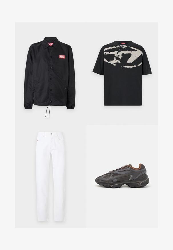 Črna jakna iz gladkega, lahkega materiala, z gumbnim zapiranjem, elastičnimi manšetami, stranskimi žepi in rdečim logotipom Diesel.; Črna majica s kratkimi rokavi, ki na sprednji strani prikazuje velik abstrakten svetlo sivi grafični motiv. Ima klasičen okrogli izrez in je izdelana iz bombaža.; Bele jeans iz belim denimom s ravnim krojem, ki imajo klasičen pet-žepni dizajn in kovinsko zapiranje na gumb. Minimalističen slog brez vzorcev.; Lacoste teniske v temno sivi barvi z mrežasto in sintetično prevleko, s teksturiranim podplatom in rjavimi detajli na ovratniku ter blagovni znamki.