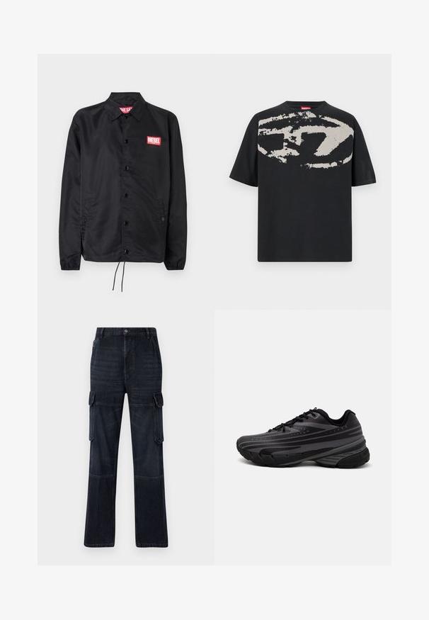 Must must, misasest kergest ja siledast materjalist, nupuvälinge, elastsete mansettide, küljetaskute ning punase Diesel logo plaastriga.; Mustaga T-särk, mille ees on suur abstraktne heledat halli graafikat. Lühikesed varrukad ja klassikaline ümmargune kaelus. Puuvillane materjal.; Tumed jeanist koos pükste lõikega, mis sisaldavad kahte küljetaskut, põlvepaneele ja kontrastsest niidist õmblusi. Metallist nööpklipp vööl.; Mustad musta jooksujalats, mille tekstureeritud ülemine osa on hallide triipudega. Paks tallaga mugavuse tagamiseks, ümar varvas ja tasased paelad kindla istuvuse saavutamiseks.