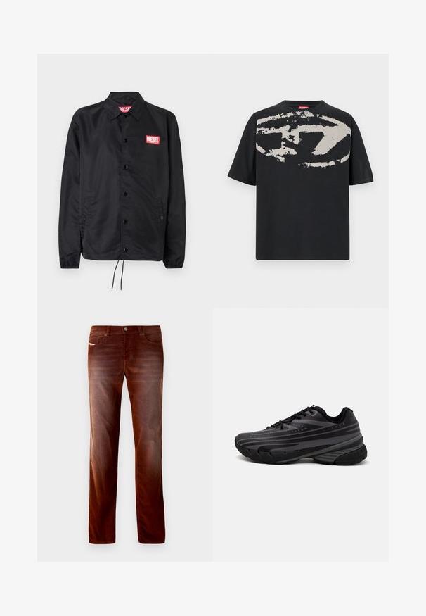 Black jacket made of smooth, lightweight material, featuring a button front, elastic cuffs, side pockets, and a red Diesel logo patch.; Black t-shirt featuring a large, abstract light gray graphic on the front. Short sleeves and a classic rounded neckline. Cotton material.; Brown corduroy trousers with a straight-leg design, featuring five pockets, metal button closure, and subtle texture patterns.; Black running shoe with a textured upper featuring gray stripes. Thick sole for cushioning, round toe, and flat laces for secure fit.