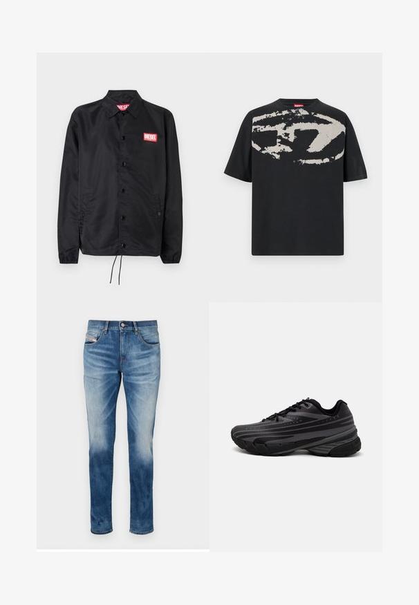 Melnā jaka no gludas, vieglas materiāla, ar pogu aizdari, elastīgām piedurknēm, sānu kabatām un sarkanu Diesel logo uzšuvumu.; Melna T-krekls ar lielu abstraktu gaiši pelēku grafiku uz priekšpuses. Īsas piedurknes un klasiska noapaļota apkakle. Kokvilnas materiāls.; Zili džinsi no zila_denima ar taisnu piegriezumu, izbalējušu apdari, piecām kabatām un metāla pogas aizdari. Maiga tekstūra ar minimālu dekoru.; Melnas skriešanas kurpes ar teksturētu virsu, kurai ir pelēkas svītras. Biezs zole nodrošina amortizāciju, apaļa purngalu un plakanas šņorītes, lai nodrošinātu drošu piegulšanu.