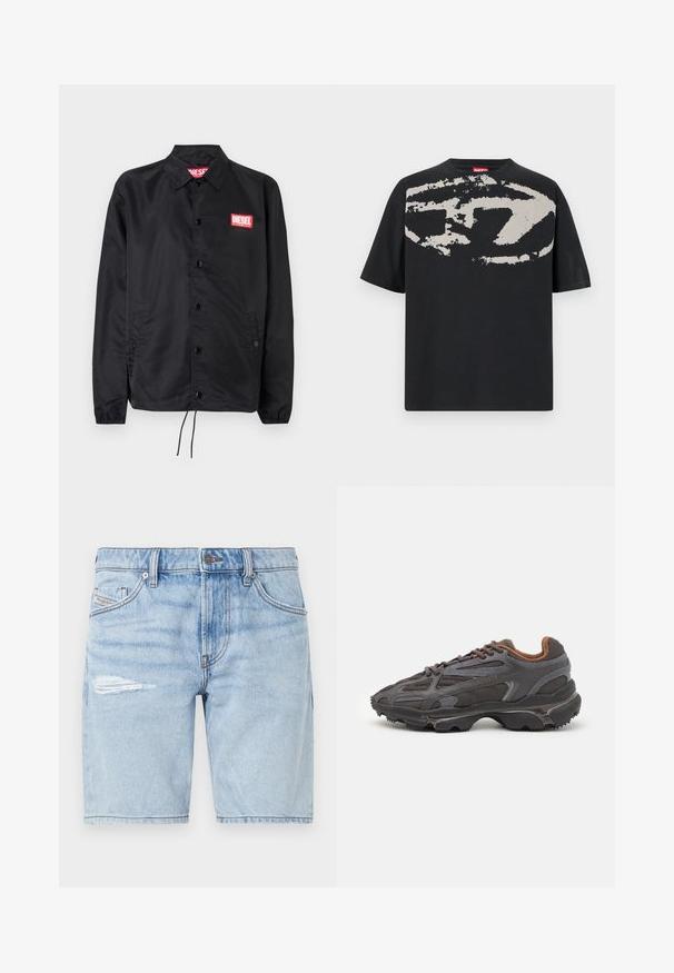 Melnā jaka no gludas, vieglas materiāla, ar pogu aizdari, elastīgām piedurknēm, sānu kabatām un sarkanu Diesel logo uzšuvumu.; Melna T-krekls ar lielu abstraktu gaiši pelēku grafiku uz priekšpuses. Īsas piedurknes un klasiska noapaļota apkakle. Kokvilnas materiāls.; Gaiši zili džinsu šorti ar izbalējušu apdari, ar saplēstu detaļu kreisajā augšstilbā un klasisku piecu kabatu dizainu. Metāla pogas aizdare.; Lacoste kedas tumši pelēkā krāsā ar acu audumu un sintētisko materiālu, ar teksturētu zoli un brūniem akcentiem apkaklītē un zīmola uzrakstā.