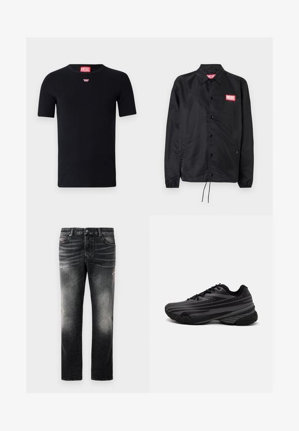 Jaqueta preta feita de material suave e leve, com fecho de botão na frente, punhos elásticos, bolsos laterais e um patch do logótipo vermelho da Diesel.; T-shirt preta feita de algodão, com gola redonda e mangas curtas. Um pequeno logótipo em vermelho e branco está bordado no peito.; Calças jeans pretas com acabamento desbotado e detalhes desgastados, design padrão de cinco bolsos e fecho com zip. Feitas de tecido denim.; Shoe de corrida preta com um cabedal texturizado apresentando riscas cinzentas. Sola grossa para amortecimento, bico redondo e atacadores planos para um ajuste seguro.