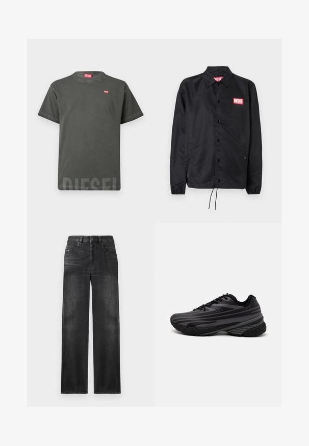 Musta takki, joka on valmistettu sileästä, kevyestä materiaalista. Takissa on nappiaukko, joustavat hihansuut, sivutaskut ja punainen Diesel-logo-patch.; T-paita lyhythihaisena, tummanharmaana, jossa on pieni punainen logo rinnassa ja suurempi haalistunut Diesel-logo alareunassa.; Mustat suoralahkeiset farkut, jotka on valmistettu denimestä, viidellä taskulla, vyölenkeillä ja ohenneilla alueilla kankaan rakenteen vuoksi.; Mustat juoksukengät, joissa on tekstuuri päällä ja harmaat raidat. Paksu pohja pehmustetta varten, pyöreä varvasosa ja tasaiset nauhat turvallista istuvuutta varten.