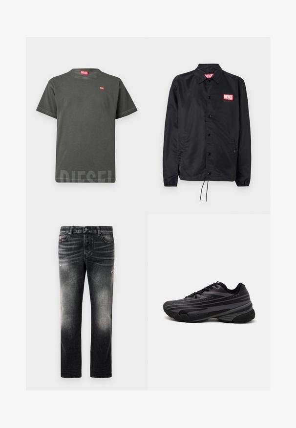 Svart jakke laget av glatt, lett materiale, med knappelukking, elastiske mansjetter, sidelommer og en rød Diesel-logo-patch.; Mørk grå kortermet Diesel t-skjorte med liten rød logo på brystet og større falmende Diesel-logo nær bunnen av skjorten.; Sorte jeans med en falmet finish og slidte detaljer, standard fem-lomme-design og glidelås foran. Laget av denimstoff.; Svarte joggesko med en teksturert overdel som har grå striper. Tykk såle for demping, rund tå og flate snører for en sikker passform.