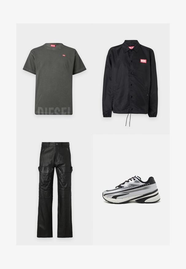 Chaqueta negra hecha de un material suave y ligero, con cierre de botones en el frente, puños elásticos, bolsillos laterales y un parche con el logo rojo de Diesel.; Camiseta de Diesel de color gris oscuro y manga corta, con un pequeño logo rojo en el pecho y un logo de Diesel más grande y desvanecido cerca del dobladillo inferior.; Pantalones de cuero negros con un diseño de pierna recta, que cuentan con dos bolsillos frontales con cremallera y grandes bolsillos laterales para un mayor almacenamiento.; Zapatilla de running con parte superior de malla plateada, acentos negros y suela blanca. Presenta un diseño texturizado y cordones negros. Ligera y acolchada.