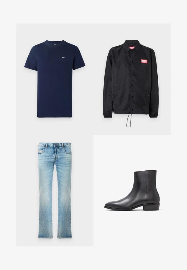 Chaqueta negra hecha de un material suave y ligero, con cierre de botones en el frente, puños elásticos, bolsillos laterales y un parche con el logo rojo de Diesel.; Camiseta de algodón azul marino con mangas cortas, escote redondo y un pequeño logo bordado en el pecho. Diseño simple, textura sin adornos.; Jeans de mezclilla azul claro con corte recto, diseño de cinco bolsillos y ligero desgaste. Incluyen cierre de botón metálico y cremallera.; ALDO PILLOWWALK+FLEX INSIDE ZIP AMUR - Botines - open black