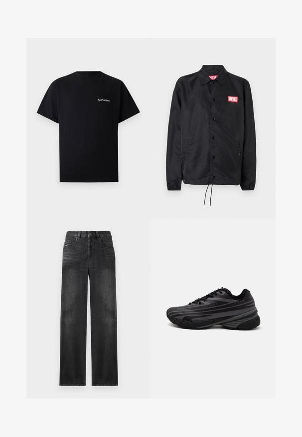 Melnā jaka no gludas, vieglas materiāla, ar pogu aizdari, elastīgām piedurknēm, sānu kabatām un sarkanu Diesel logo uzšuvumu.; Melnas kokvilnas T-krekls ar īsām piedurknēm, apaļu kakla izgriezumu un balto tekstu "NoProblemo", kas drukāts kreisajā augšējā pusē. Mīksta tekstūra.; Melni taisni denim džinsi ar piecām kabatām, jostu cilpām un viegli izbalējušu audumu, kas piešķir struktūru.; Melnas skriešanas kurpes ar teksturētu virsu, kurai ir pelēkas svītras. Biezs zole nodrošina amortizāciju, apaļa purngalu un plakanas šņorītes, lai nodrošinātu drošu piegulšanu.
