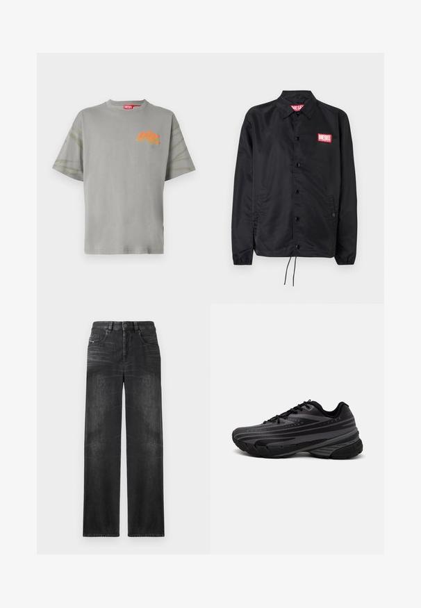 Černá bunda z hladkého, lehkého materiálu, s knoflíkovou přední částí, elastickými manžetami, bočními kapsami a červenou nášivkou Diesel logo.; Šedé bavlněné tričko s kulatým výstřihem, oversized střihem a krátkými rukávy. Na přední straně je oranžové logo a rukávy mají akcenty ve stylu tie-dye.; Černé džíny rovného střihu vyrobené z denimu, s pěti kapsami, poutky na opasek a jemným vyblednutím na látce pro texturu.; Černá běžecká bota s texturovaným svrškem zdobeným šedými pruhy. Silná podešev pro odpružení, kulatá špička a ploché tkaničky pro bezpečné uchycení.