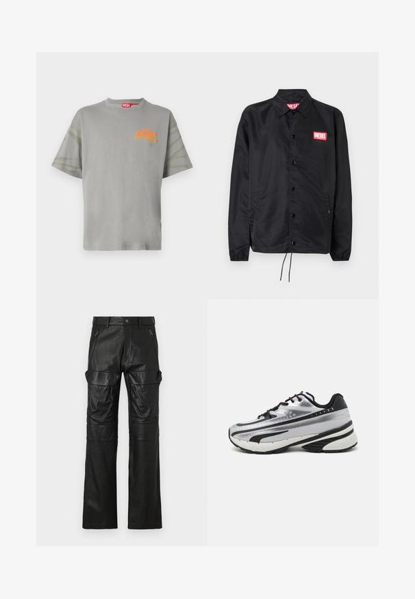 Must must, misasest kergest ja siledast materjalist, nupuvälinge, elastsete mansettide, küljetaskute ning punase Diesel logo plaastriga.; Hallikate puuvillane T-särk, millel on ümar kaelus, oversize lõige ja lühikesed varrukad. Esiküljel on oranž logo ja varrukatel on tükid värvilisest kanga värvimise tehnikast.; Mustmustest lega püksid sirge lõikega, millel on kaks esimest lukuga taskut ja suured küljetaskud lisaks hoiustamiseks.; Jooksujalats, millel on hõbedane võrgust pealmine osa, mustad aktsendid ja valge tallaga. Omab tekstuurilist disaini ja musti paelu. Kerge ja pehmendusega.