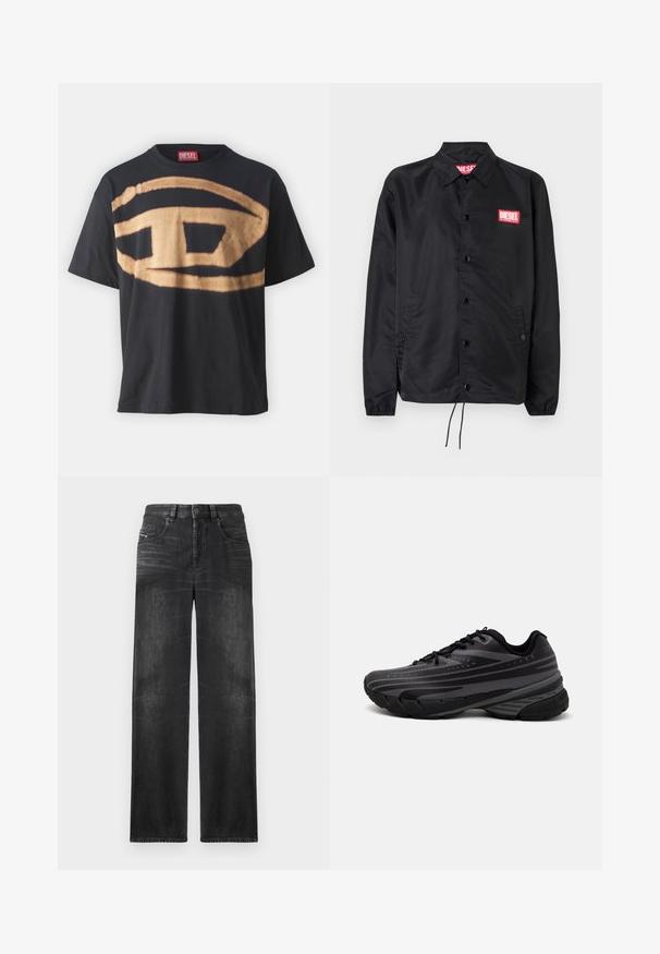 Černá bunda z hladkého, lehkého materiálu, s knoflíkovou přední částí, elastickými manžetami, bočními kapsami a červenou nášivkou Diesel logo.; Černé tričko vyrobené z bavlny, s velkým béžovým logem na přední straně. Uvolněný střih s kulatým výstřihem a krátkými rukávy.; Černé džíny rovného střihu vyrobené z denimu, s pěti kapsami, poutky na opasek a jemným vyblednutím na látce pro texturu.; Černá běžecká bota s texturovaným svrškem zdobeným šedými pruhy. Silná podešev pro odpružení, kulatá špička a ploché tkaničky pro bezpečné uchycení.