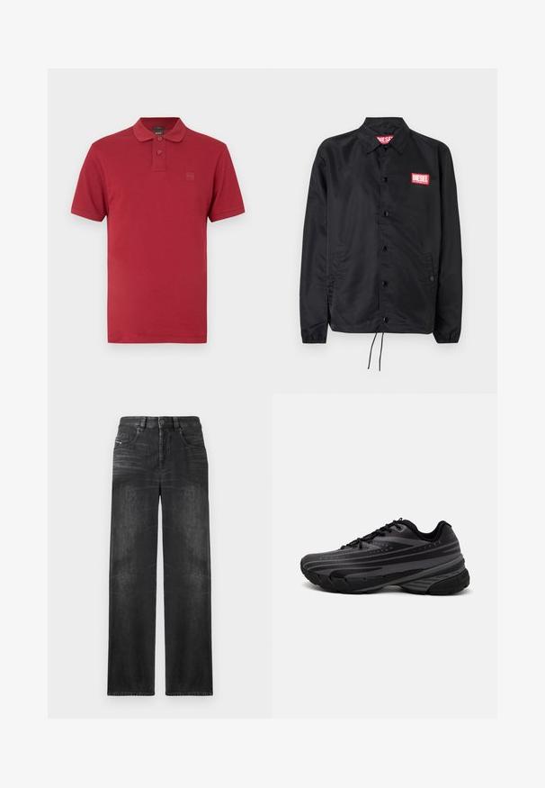 Černá bunda z hladkého, lehkého materiálu, s knoflíkovou přední částí, elastickými manžetami, bočními kapsami a červenou nášivkou Diesel logo.; Červené polo tričko s úzkým střihem, krátkými rukávy, dvěma knoflíky na légě a jemně vyraženým logem na levé straně hrudi.; Černé džíny rovného střihu vyrobené z denimu, s pěti kapsami, poutky na opasek a jemným vyblednutím na látce pro texturu.; Černá běžecká bota s texturovaným svrškem zdobeným šedými pruhy. Silná podešev pro odpružení, kulatá špička a ploché tkaničky pro bezpečné uchycení.