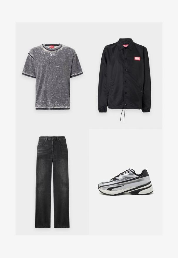 Melnā jaka no gludas, vieglas materiāla, ar pogu aizdari, elastīgām piedurknēm, sānu kabatām un sarkanu Diesel logo uzšuvumu.; Pelēks īsām piedurknēm T-krekls, izgatavots no mīksta auduma. Raksturīga apaļa kakla izgriezums un smalka toņu tekstūra. Priekšpusē centrā atrodas logotipa detaļa.; Melni taisni denim džinsi ar piecām kabatām, jostu cilpām un viegli izbalējušu audumu, kas piešķir struktūru.; Skriešanas apavi ar sudraba acs augšdaļu, melniem akcentiem un baltu zolīti. Iezīmējas ar teksturētu dizainu un melnām auklām. Vieglie un mīkstie.