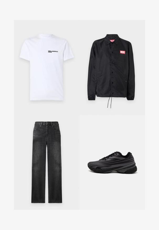 Črna jakna iz gladkega, lahkega materiala, z gumbnim zapiranjem, elastičnimi manšetami, stranskimi žepi in rdečim logotipom Diesel.; Bela bombažna majica s kratkimi rokavi, okroglo ovratnikom in črnim logotipom "KARL LAGERFELD JEANS" na levem prsnem predelu.; Črne ravne kavbojke iz denima, ki imajo pet žepov, pasne zanke in subtilno zbledelost na tkanini za teksturo.; Črne tekaške copate z teksturiranim zgornjim delom, ki ima sive črte. Debel podplat za blaženje udarcev, okrogla konica in ravne vezalke za varen oprijem.