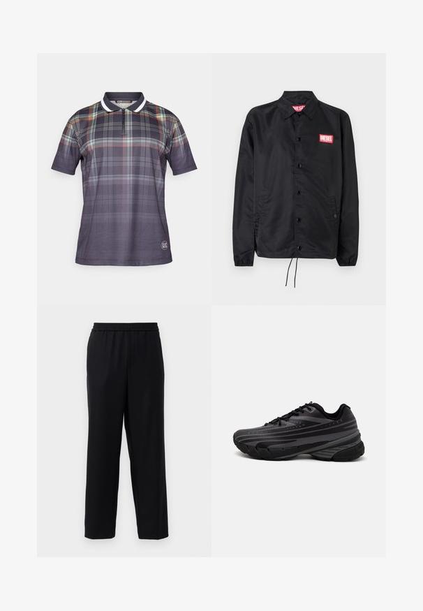Černá bunda z hladkého, lehkého materiálu, s knoflíkovou přední částí, elastickými manžetami, bočními kapsami a červenou nášivkou Diesel logo.; Polo tričko s krátkým rukávem v tmavých tónech s kostkovaným vzorem. Obsahuje límeček na zip a kontrastní bílý lem. Vyrobeno z prodyšného materiálu.; Černé kalhoty s elastickým páskem, rovný střih a hladká, lehká látka. Žádné viditelné kapsy ani vzory.; Černá běžecká bota s texturovaným svrškem zdobeným šedými pruhy. Silná podešev pro odpružení, kulatá špička a ploché tkaničky pro bezpečné uchycení.