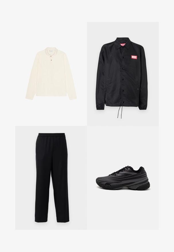 Črna jakna iz gladkega, lahkega materiala, z gumbnim zapiranjem, elastičnimi manšetami, stranskimi žepi in rdečim logotipom Diesel.; Polo majica s dolgimi rokavi v kremni barvi, z ravnim ovratnikom, tri gumbi z zlatimi dodatki in mehkim, strukturiranim materialom.; Črne hlače z elastičnim pasom, ravnim krojem in gladkim, lahkim materialom. Brez vidnih žepov ali vzorcev.; Črne tekaške copate z teksturiranim zgornjim delom, ki ima sive črte. Debel podplat za blaženje udarcev, okrogla konica in ravne vezalke za varen oprijem.
