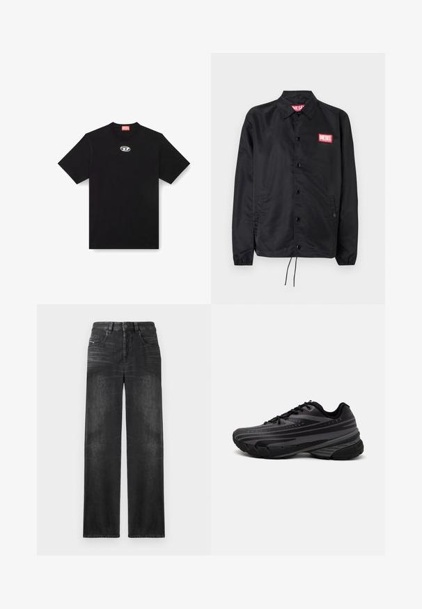 Juoda striukė, pagaminta iš lygaus, lengvo medžiagų, su mygtukų priekyje, elastinėmis rankovėmis, šoninėmis kišenėmis ir raudonu "Diesel" logotipo ženkleliu.; Juodas medvilninis marškinėlis su apvaliu iškirpimu ir trumpomis rankovėmis. Priekyje centre yra maža sidabrinė logotipo siuvinėjimas.; Juodos tiesios kojų džinsai, pagaminti iš džinsinio audinio, su penkiomis kišenėmis, diržo kilpomis ir švelniu audinio blukimu, kuris suteikia tekstūrą.; Juodas bėgimo batelis su tekstūruotu viršumi, kuriame yra pilkos juostos. Storas padas amortizacijai, apvalus pirštas ir plokščios raištelės tvirtam prigludimui.