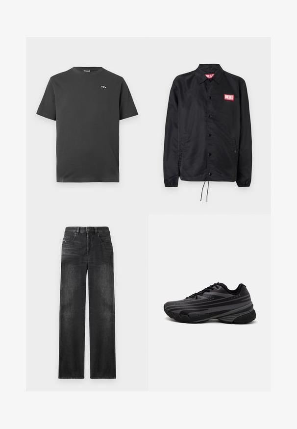Svart jakke laget av glatt, lett materiale, med knappelukking, elastiske mansjetter, sidelommer og en rød Diesel-logo-patch.; Mørk grå kortermet t-skjorte laget av bomull. Har en rund halslinje og en liten, hvit logo på venstre brystområde.; Sorte jeans med rett ben i denim, med fem lommer, beltehemper, og subtil fading på stoffet for tekstur.; Svarte joggesko med en teksturert overdel som har grå striper. Tykk såle for demping, rund tå og flate snører for en sikker passform.