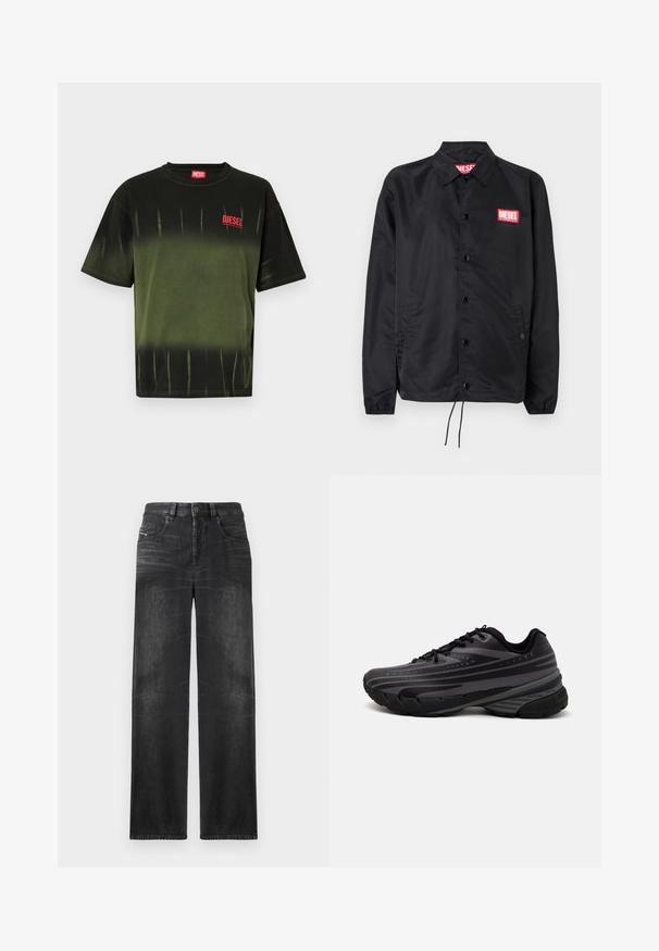 Must must, misasest kergest ja siledast materjalist, nupuvälinge, elastsete mansettide, küljetaskute ning punase Diesel logo plaastriga.; Mustard ja oliivroheline puuvillane t-särk, millel on lõdvestatud lõige, dip-dye muster ja punane Diesel logo vasakul rinnal. Lühikesed varrukad.; Mustad sirgedega teksad, millel on viis taskut, vööst sõlmimiskohad ja õrn kulumine kangas, andes tekstuuri.; Mustad musta jooksujalats, mille tekstureeritud ülemine osa on hallide triipudega. Paks tallaga mugavuse tagamiseks, ümar varvas ja tasased paelad kindla istuvuse saavutamiseks.