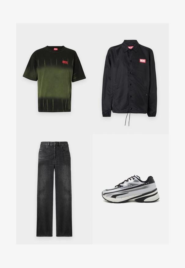 Juoda striukė, pagaminta iš lygaus, lengvo medžiagų, su mygtukų priekyje, elastinėmis rankovėmis, šoninėmis kišenėmis ir raudonu "Diesel" logotipo ženkleliu.; Juodas ir alyvuogių žalių medvilnės marškinėliai su laisvu siluetu, dėmėtumo raštu ir raudonu Diesel logotipu kairėje krūtinės pusėje. Trumpi rankovės.; Juodos tiesios kojų džinsai, pagaminti iš džinsinio audinio, su penkiomis kišenėmis, diržo kilpomis ir švelniu audinio blukimu, kuris suteikia tekstūrą.; Bėgimo bateliai su sidabriniu tinkliniu viršumi, juodais akcentais ir balta padu. Pasižymi tekstūruotu dizainu ir juodais raišteliais. Lengvi ir paminkštinti.