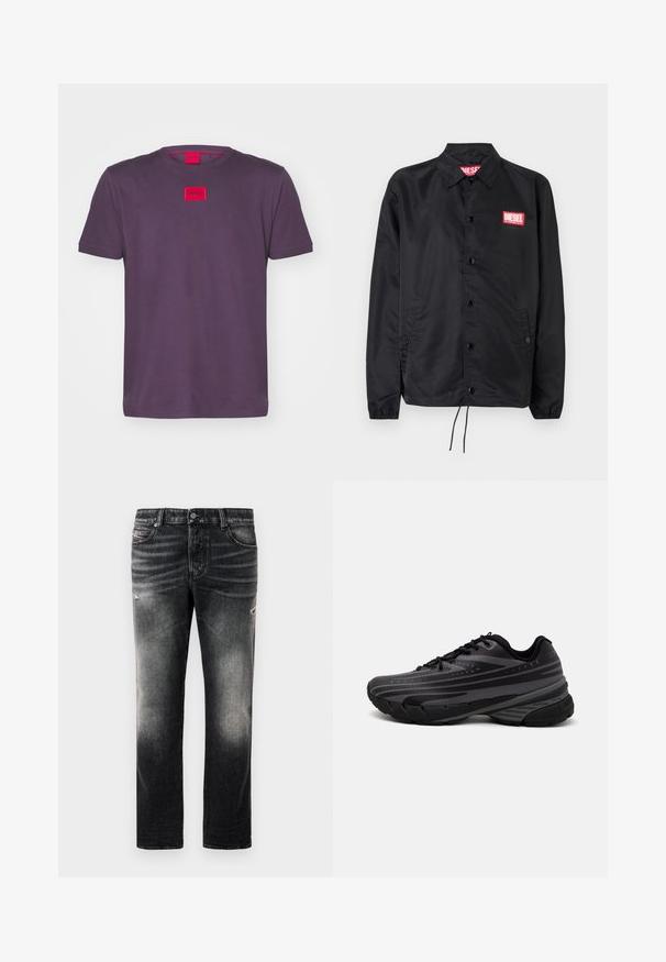 Sort jakke lavet af glat, let materiale, med knaplukning fortil, elastiske manchetter, sidelommer og et rødt Diesel-logo patch.; HUGO DIRAGOLINO - T-shirts basic - open purple; Sorte jeans med en falmet finish og slidte detaljer, standard fem-pockets design og lynlås. Lavet af denim stof.; Sort løbesko med en struktureret overdel og grå striber. Tykk sål for støddæmpning, rund tå og flade snørebånd for et sikkert fit.