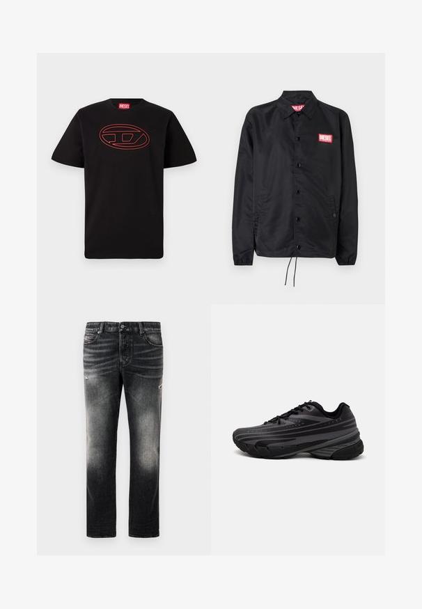Juoda striukė, pagaminta iš lygaus, lengvo medžiagų, su mygtukų priekyje, elastinėmis rankovėmis, šoninėmis kišenėmis ir raudonu "Diesel" logotipo ženkleliu.; Juoda medvilnės marškinėliai trumpomis rankovėmis, su raudonai apibrėžtu ovaliu logotipu ant krūtinės. Apvalios iškirptės dizainas.; Juodi džinsai su išblukusiu pabaiga ir nusidėvėję akcentai, standartinis penkių kišenių dizainas ir užtrauktuko uždarymas. Pagaminti iš džinsinio audinio.; Juodas bėgimo batelis su tekstūruotu viršumi, kuriame yra pilkos juostos. Storas padas amortizacijai, apvalus pirštas ir plokščios raištelės tvirtam prigludimui.