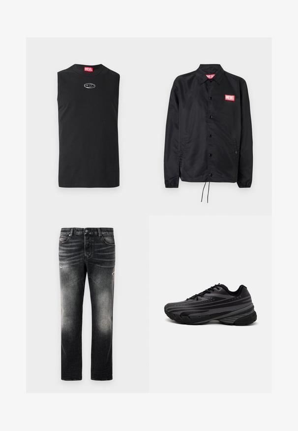 Fekete dzseki sima, könnyű anyagból, gombos elülső résszel, rugalmas mandzsettákkal, oldalsó zsebekkel és egy piros Diesel logós folttal.; Fekete ujjatlan pamut póló, környakkal és ezüst logóval a mellkasán. Egyszerű, egyszínű kialakítás minták nélkül.; Fekete farmernadrág, amely elhasználódott hatású és kopott részletekkel rendelkezik, klasszikus öt zsebes dizájnnal és cipzáras záródással. Denim anyagból készült.; Fekete futócipő texturált felsőrésszel, szürke csíkokkal. Vastag talp a párnázottságért, kerek orr, és lapos fűzők a biztos illeszkedés érdekében.